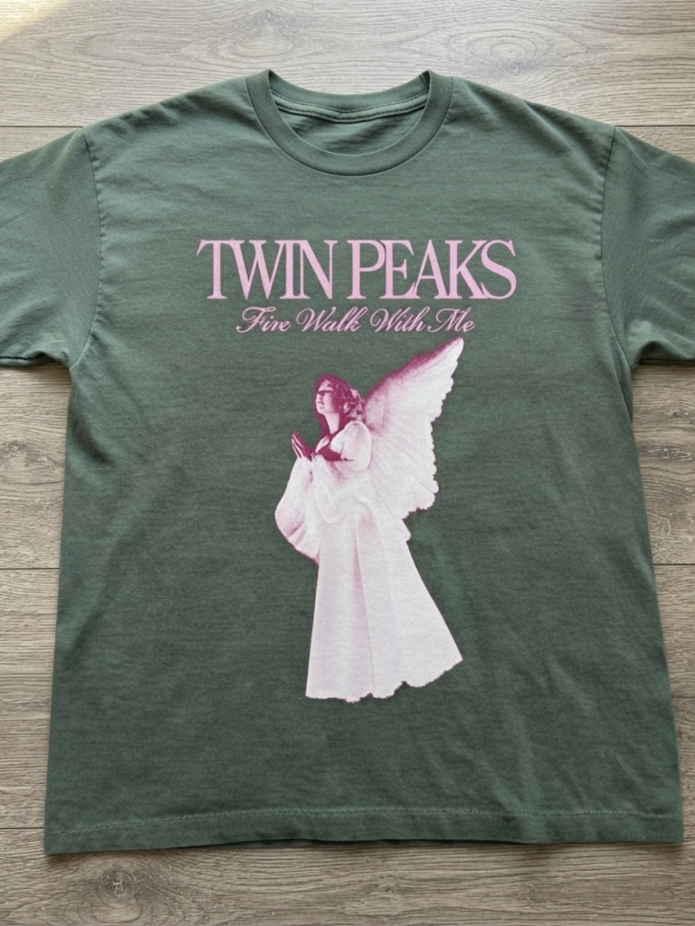 Gildan Olive Green Twin Peaks 'Fire Walk With Me' T‑Shirt with Pink Graphic